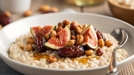 Oatmeal Delight: A beautifully presented bowl of oatmeal, adorned with fresh figs, dates, and nuts, exudes an image of healthy and delicious meal.