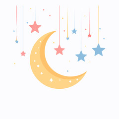 Cartoon crescent moon and stars hanging vector illustration on white