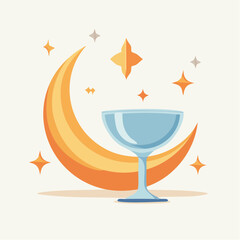 Stylized illustration of crescent moon stars and a champagne glass