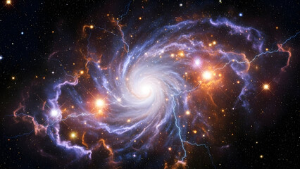 Vibrant spiral galaxy with swirling purple and orange clouds © Muhammad