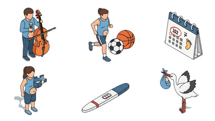 Illustrations of human life events hobbies, sports, finance, personal moments, and family growth. Isometric vector art depicts diverse experiences