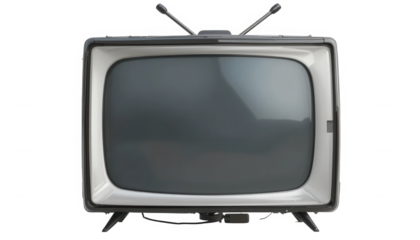 Vintage portable cathode ray tube television set featuring rabbit ear antennas and a rounded screen design on transparent background