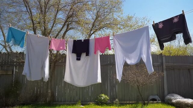 Colorful laundry drying on a clothesline in a sunny backyard