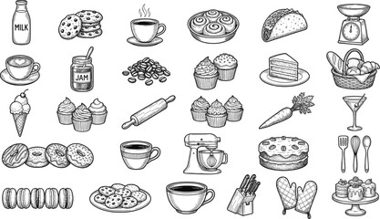 Hand drawn bakery food icons set, sketch dessert breakfast coffee bread sweets collection, blue ink illustration for menu design, branding, packaging, and culinary projects