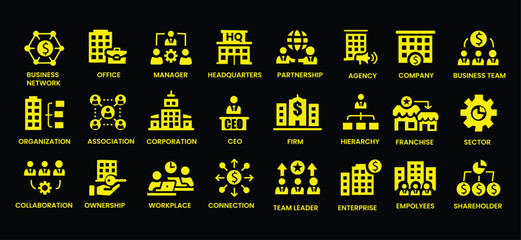 Business structure icon set. Company, office, business network, hierarchy, employees, organization, agency, workplace, corporation and more. Solid vector icons collection.