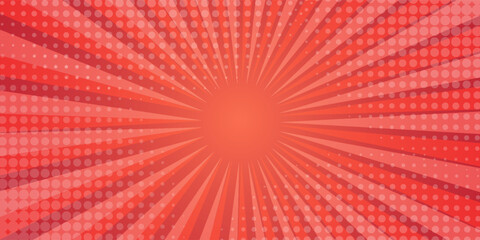 Obraz premium Red comic sunburst effect background with halftone. pop art comic-style vector background. Suitable for templates, sale banners, events, ads, web and pages