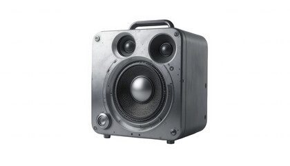 Rugged industrial style portable bluetooth speaker featuring a prominent woofer tweeter configuration and metallic handle on transparent background