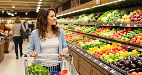 Woman shopping in a grocery store, selecting fresh produce while others shop in the background