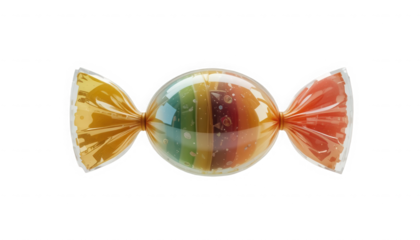 A singular vibrant rainbow colored hard candy wrapped in translucent crinkled cellophane with twisted ends on transparent background