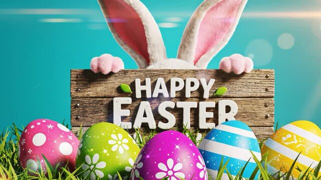 Happy easter colorful eggs and bunny ears on a wooden sign