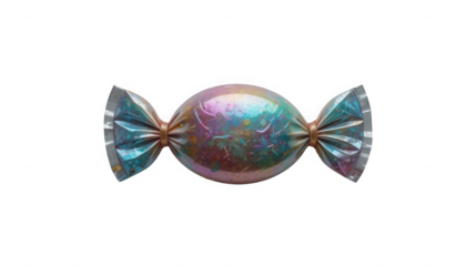 Iridescent holographic party sweet candy wrapper with colorful sprinkles tied with golden string on transparent background