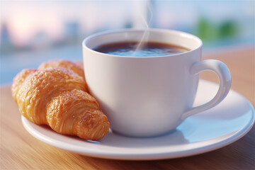 Steaming coffee in a white cup with a fresh croissant on a saucer, soft morning light and shallow depth of field. Simple caf&eacute; breakfast concept with copy space.