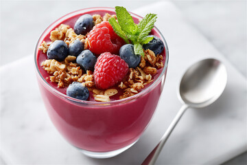 Glass of berry yogurt parfait with crunchy granola, blueberries, raspberries and mint, served with a spoon on marble. Healthy dessert or breakfast in a clean minimal style.
