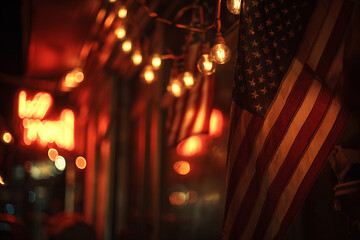 American flag hanging outdoors at night with warm glowing lights, creating a patriotic and atmospheric urban street scene.