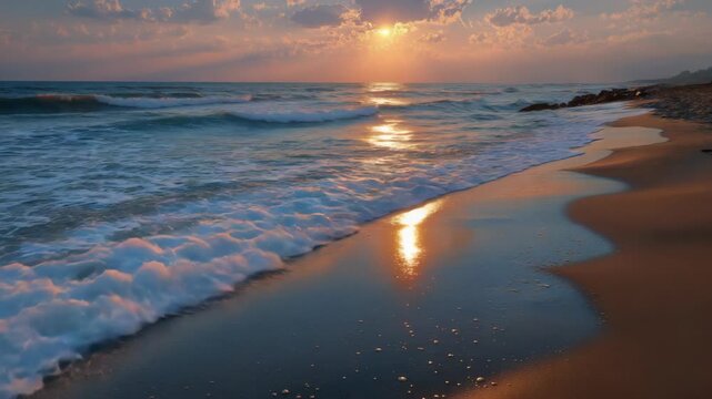 A dramatic yet peaceful sunset over the ocean with a cloudy sky, where warm sunlight rays break through the clouds and spread across the water. The scene creates a calm, atmospheric