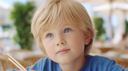 Close-up portrait of a blond boy with blue eyes sitting at a cafe table, looking thoughtful in natural light, childhood innocence and family lifestyle concept, soft background blur.