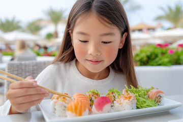 Child using chopsticks to eat sushi rolls on a plate outdoors, focused face and colorful food, family dining and healthy seafood meal concept, multicultural cuisine and lifestyle.