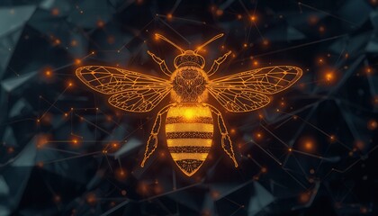 Digital Bee: A digital rendering of a bee glows against a complex network backdrop. Illustrating the intricate beauty and interconnectedness of nature and technology.