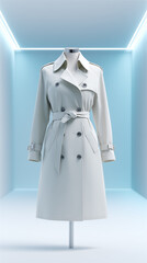White trench coat on mannequin inside a blue minimal niche, modern fashion display with clean light and copy space, concept for retail, capsule wardrobe, elegance and style.