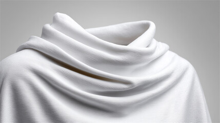 Soft white fabric draped in gentle folds on neutral background, minimal textile backdrop suggesting warmth and comfort, clean studio lighting with copy space for design use.