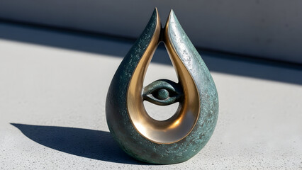 A bronze sculpture of an eye in a teardrop shape on a gray surface