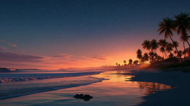 A beautiful calm and peaceful sunset beach scene ,soft gradient orange and blue blended seamlessly into a dreamy Milky Way across the night sky. Gentle waves and a tranquil horizon, dreamy 