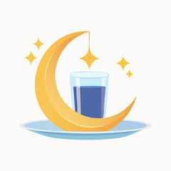 Stylized illustration of crescent moon glass plate and sparkling stars