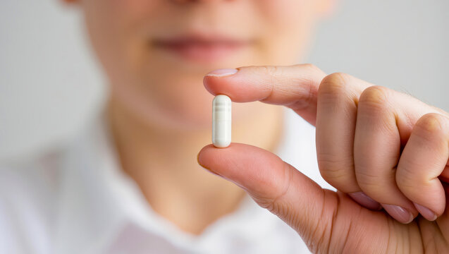 Close up of a persons hand holding a single white capsule pill.
