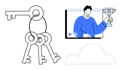 Keys represent data security, cloud icon suggests digital storage, person on screen holding trophy conveys achievement and success. Ideal for cybersecurity, authentication, cloud services, digital