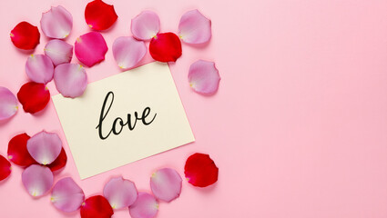 Romantic love message card surrounded by scattered rose petals on a soft pink background.