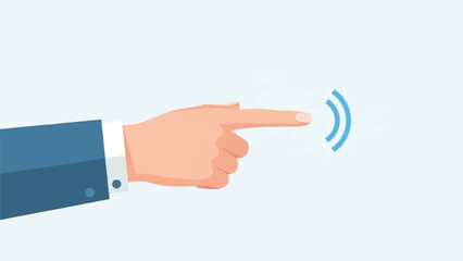 A flat illustration of a businessman's hand, index finger extended, touching or activating a signal