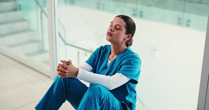 Medical, mistake and doctor in hospital with thinking, patient loss and stress in surgery result. Healthcare, grief and woman in clinic with guilt, reflection and challenge in emergency crisis.