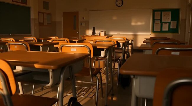 Empty Classroom Desks and Chairs in School.