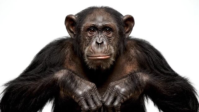 A chimpanzee is resting on a surface with its elbows and looking directly at the viewer with a pensive expression on its face.