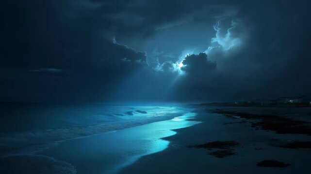 A tranquil night seascape where soft moonlight shines from behind thick clouds, gently illuminating a peaceful ocean.