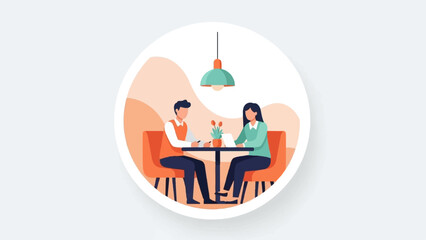 A flat illustration of a man and woman at a table, having a professional meeting in a modern cafe
