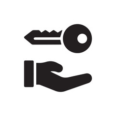 Hand holds home keys icon vector, filled flat sign, solid pictogram isolated on white. House rental symbol, logo illustration.
