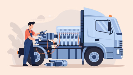 A flat illustration of a mechanic in overalls repairing the exposed engine of a large blue truck