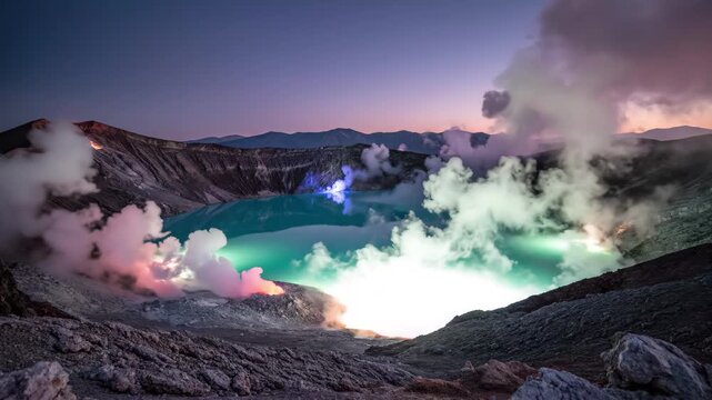 Volcanic crater lake with fumaroles and steam at twilight