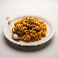 Delicious food on white background with plate and spoon
