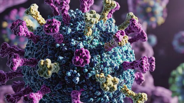 3d rendering of coronavirus sarscov2 virions with colorful spike proteins in a dark, microscopic environment