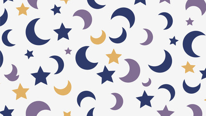 A modern flat design seamless pattern presenting an abstract arrangement of stylized crescent moons and stars, creating a dynamic and harmonious celestial theme for Ramadhan. 