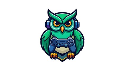 Obraz premium A cartoon owl wearing headphones holds a video game controller