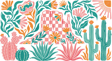 Boho Desert Landscape Illustration with Checkered Mountain, Cacti, and Floral Elements