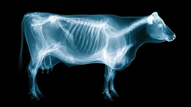Scientific x-ray image of a cow skeleton used in veterinary medicine, biology anatomy, and animal science