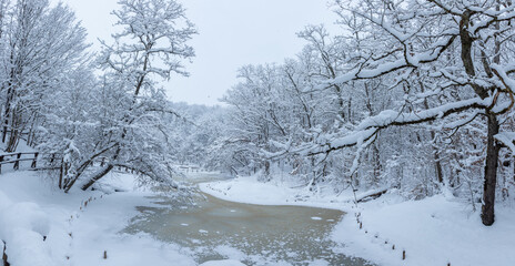 Landscape with Green Lake and Red Lake from Sovata resort - Romania on a cold winter day with deep snow
