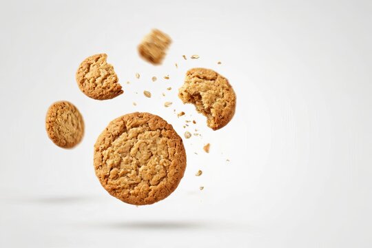 Golden brown oatmeal cookies falling through the air onto a bright white background.