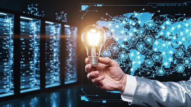 Hand holding glowing light bulb in front of global network map and server racks, symbolizing digital innovation and data center technology