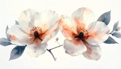 Delicate Anemone Blossoms in Translucent Watercolor with Soft Blue and Orange Tones for Wedding and Anniversary Design