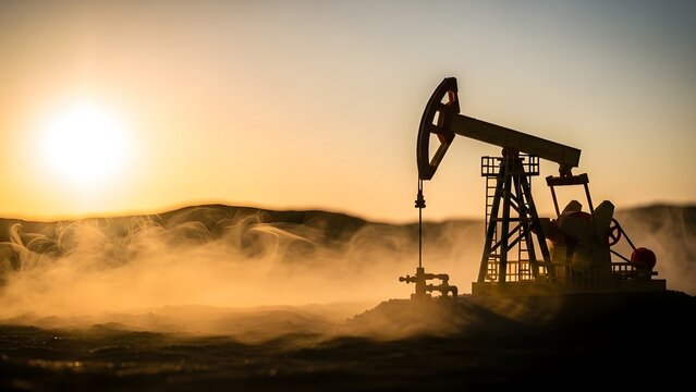 Silhouette of an oil pump jack in a desert landscape at sunset with fog or dust, against a vibrant orange and yellow sky. - Powered by Adobe